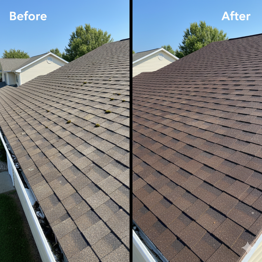 Kansas home with revitalized asphalt shingle roof at golden hour